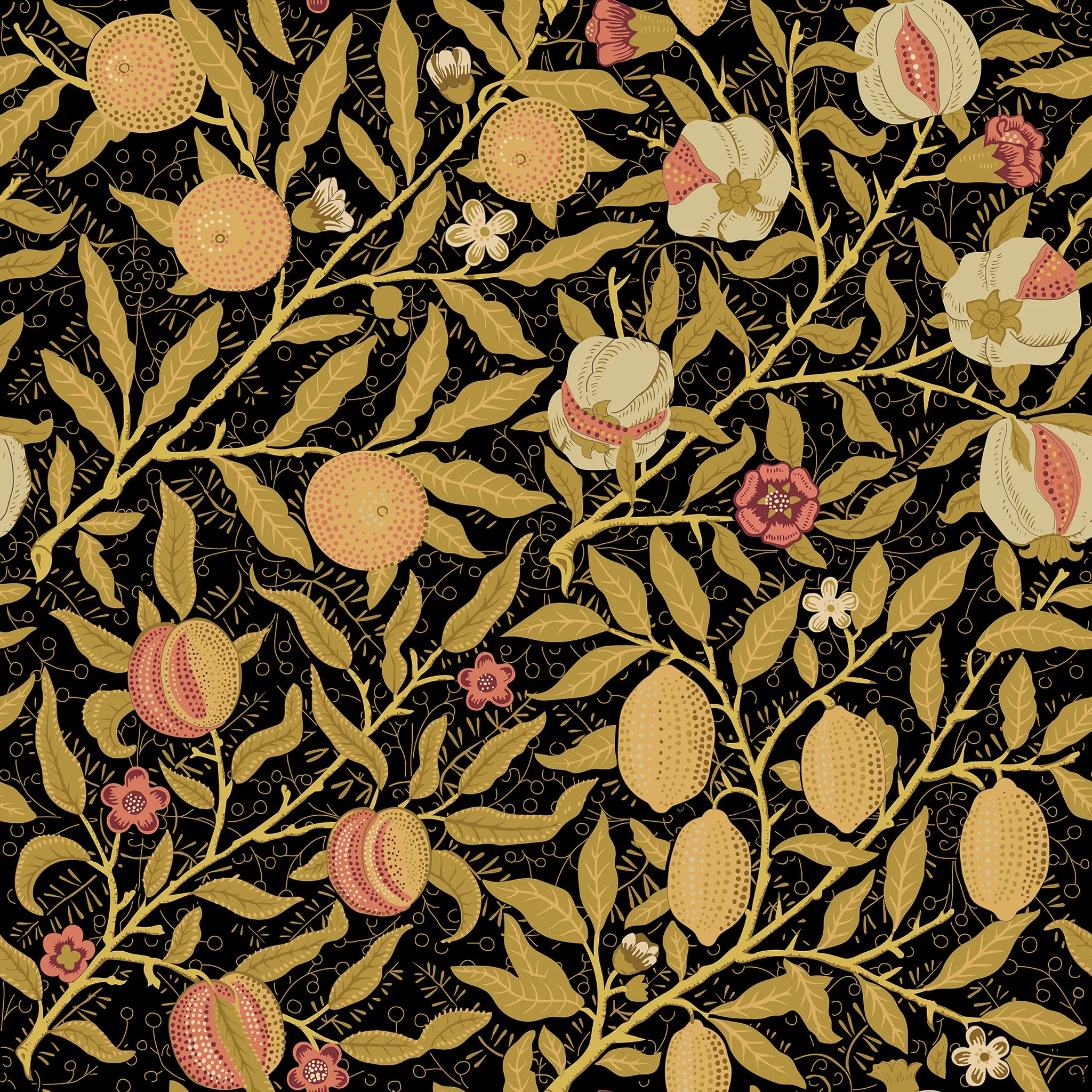Decorative pattern of fruits and flowers on a black background