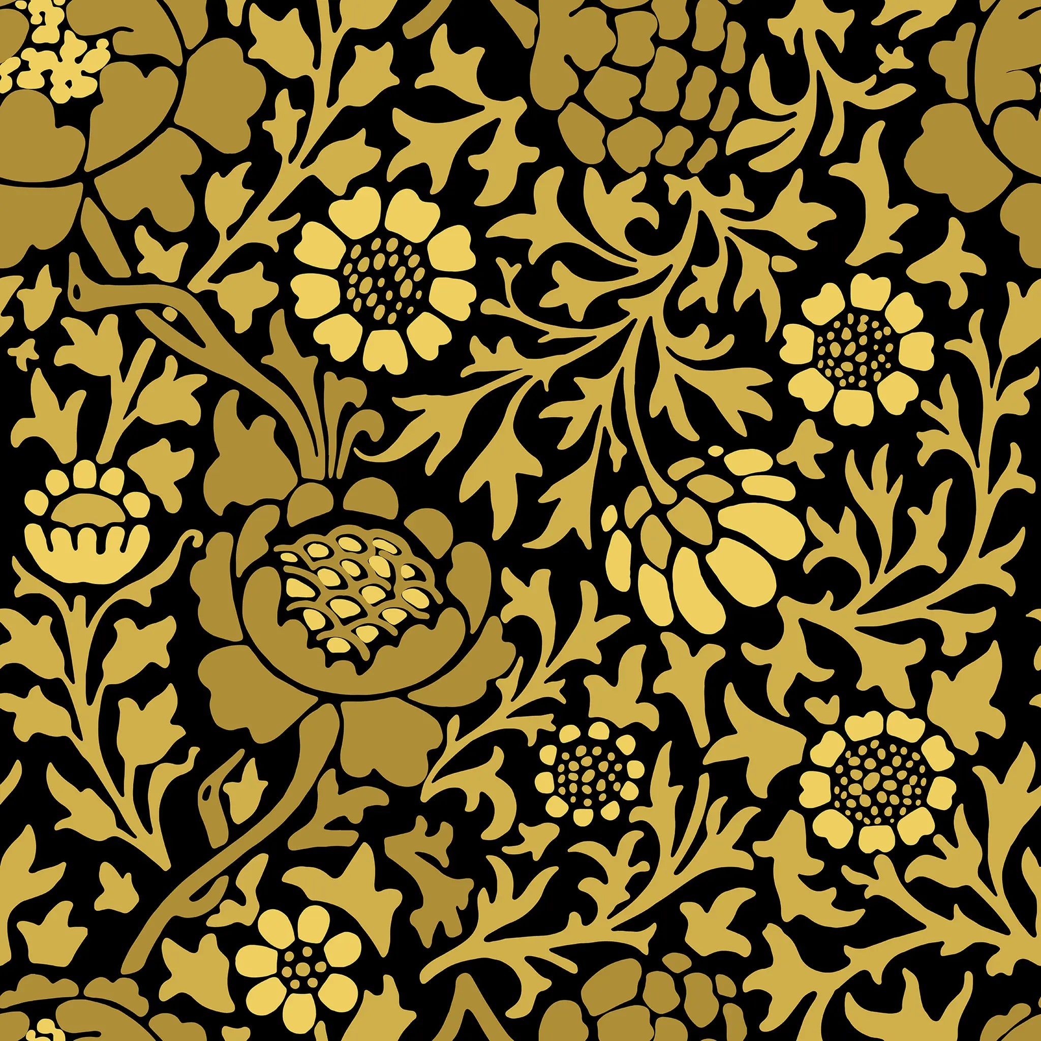 Gold floral pattern on a black background