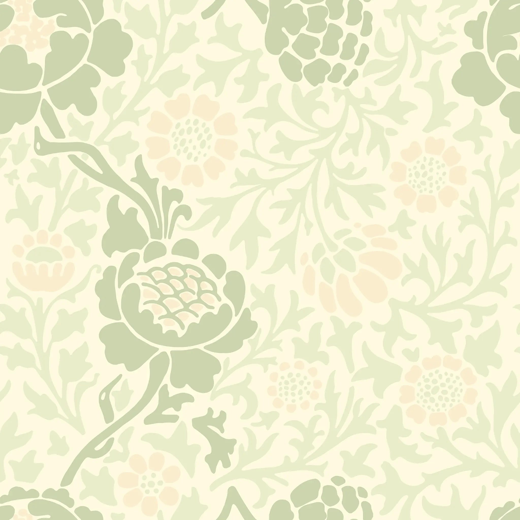 Floral pattern with green and pink flowers on a light green background