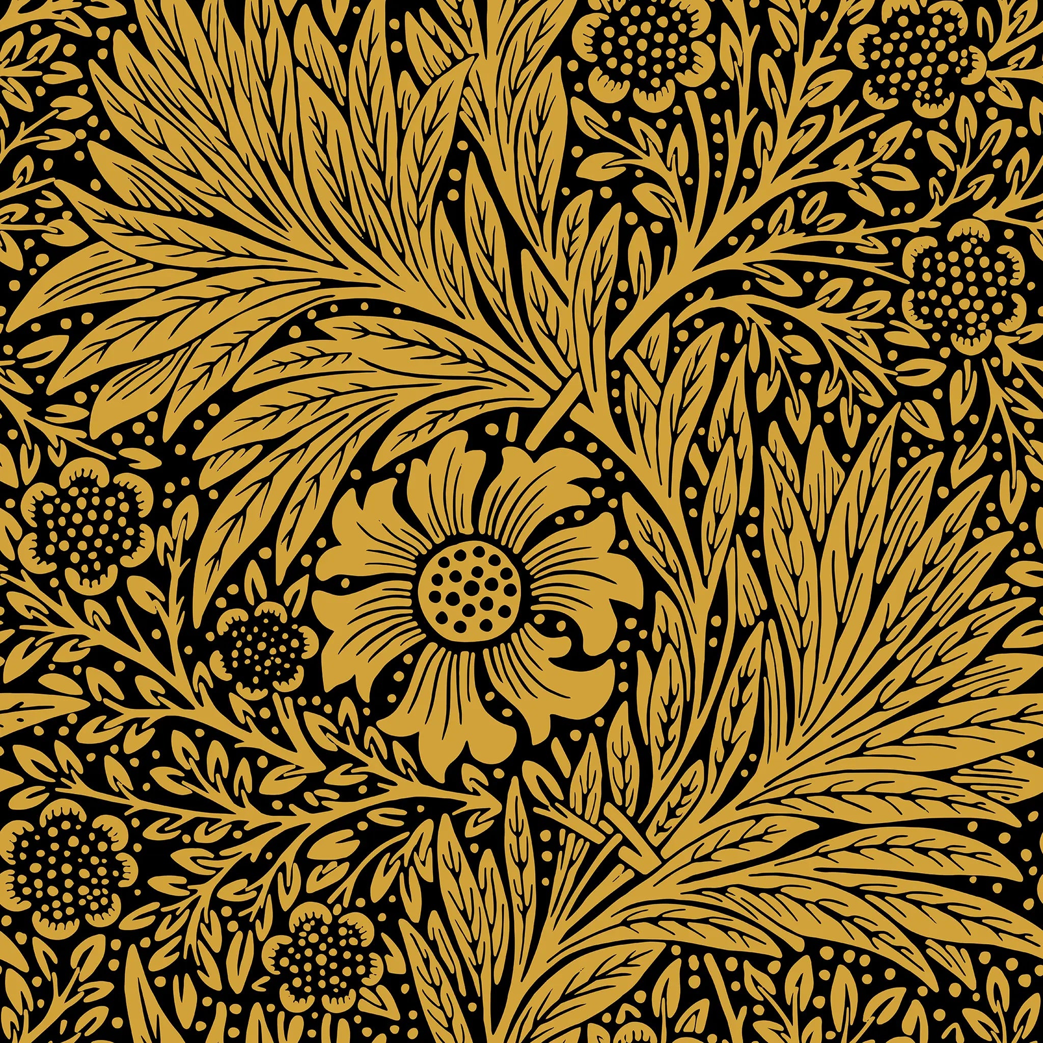 Gold floral and leaf pattern on a black background