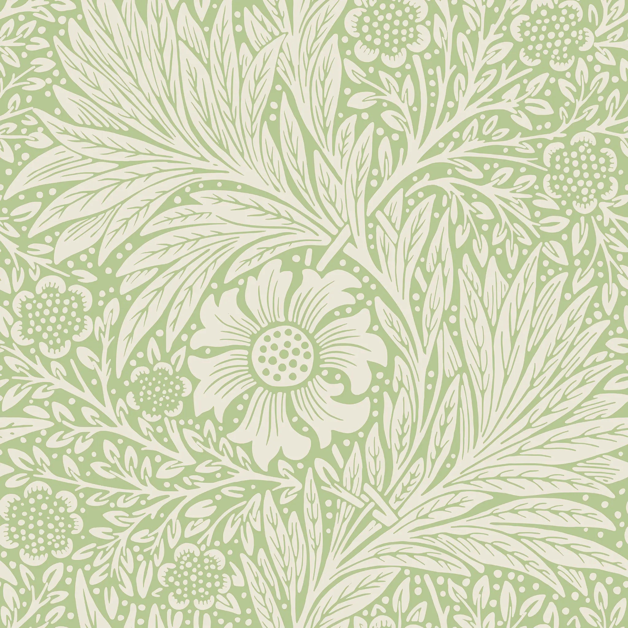 Decorative pattern with white flowers and leaves on a light green background