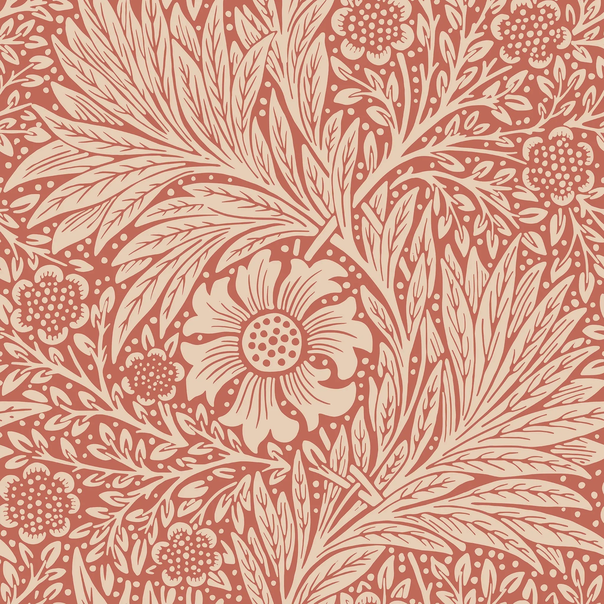 Decorative floral and leaf pattern in beige on a red background