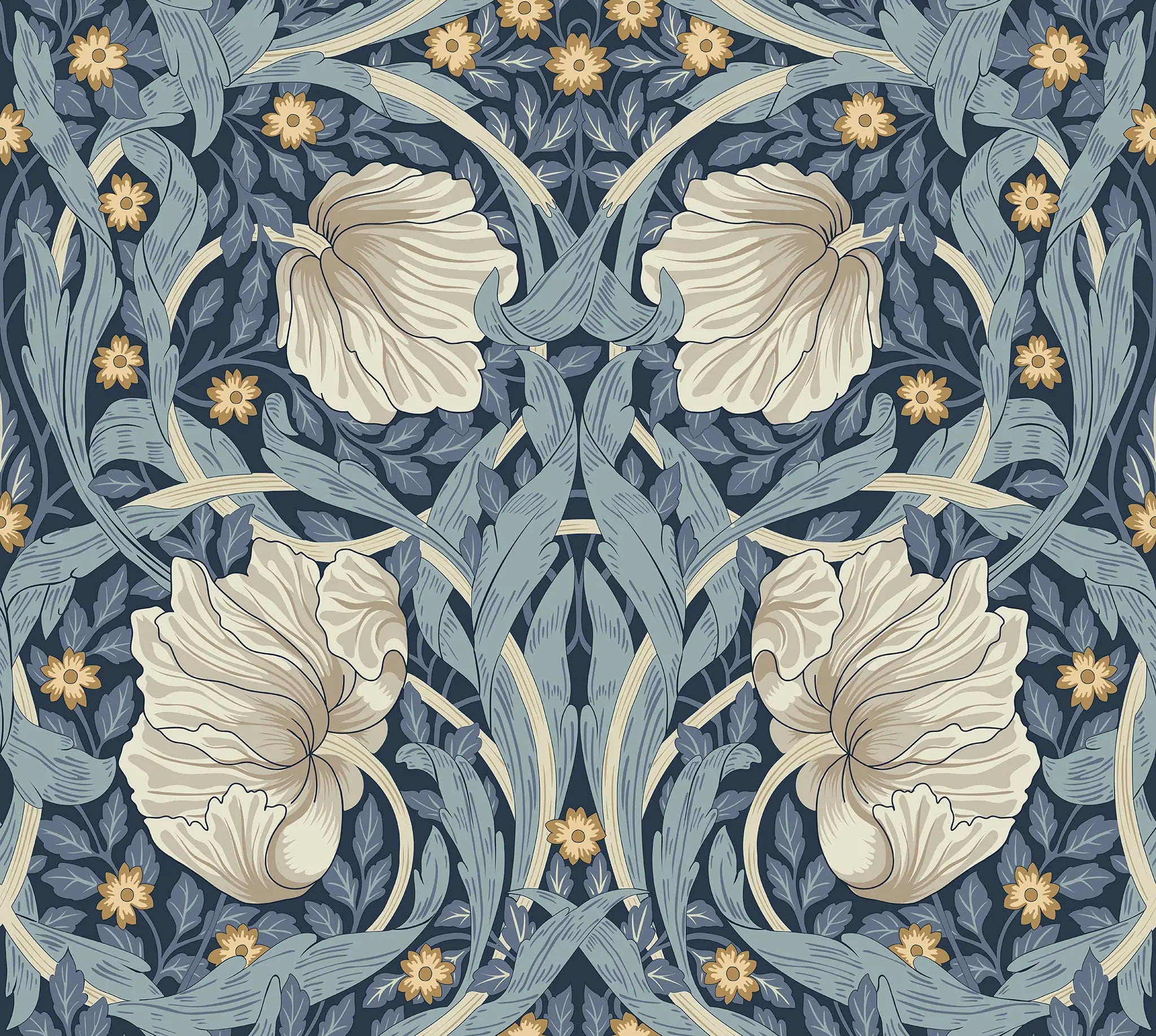 Floral pattern with beige flowers and green leaves on a dark blue background