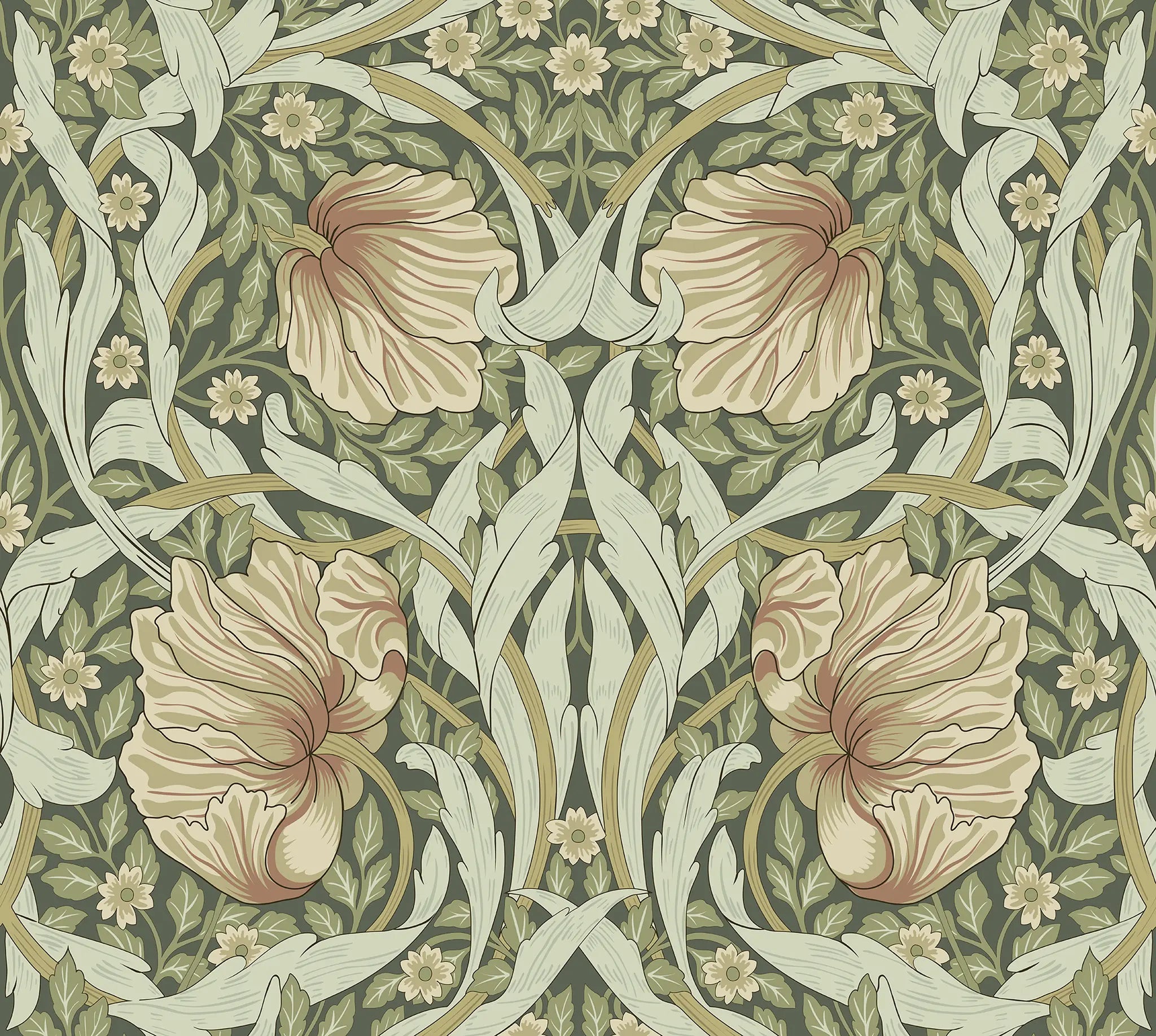 Decorative floral pattern with beige flowers and green leaves on a dark background