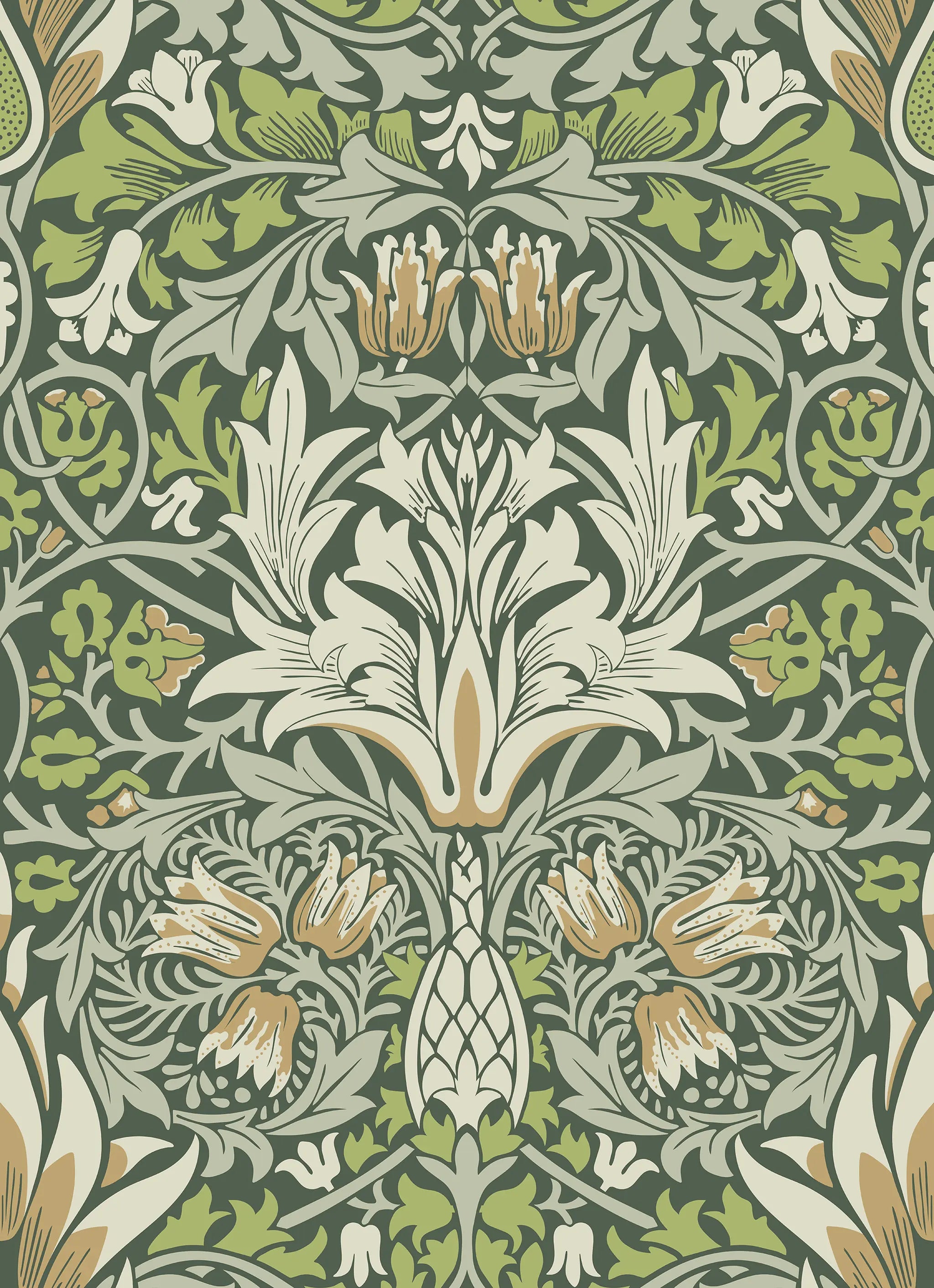 Decorative floral pattern with green, beige, and white colors on a dark green background.