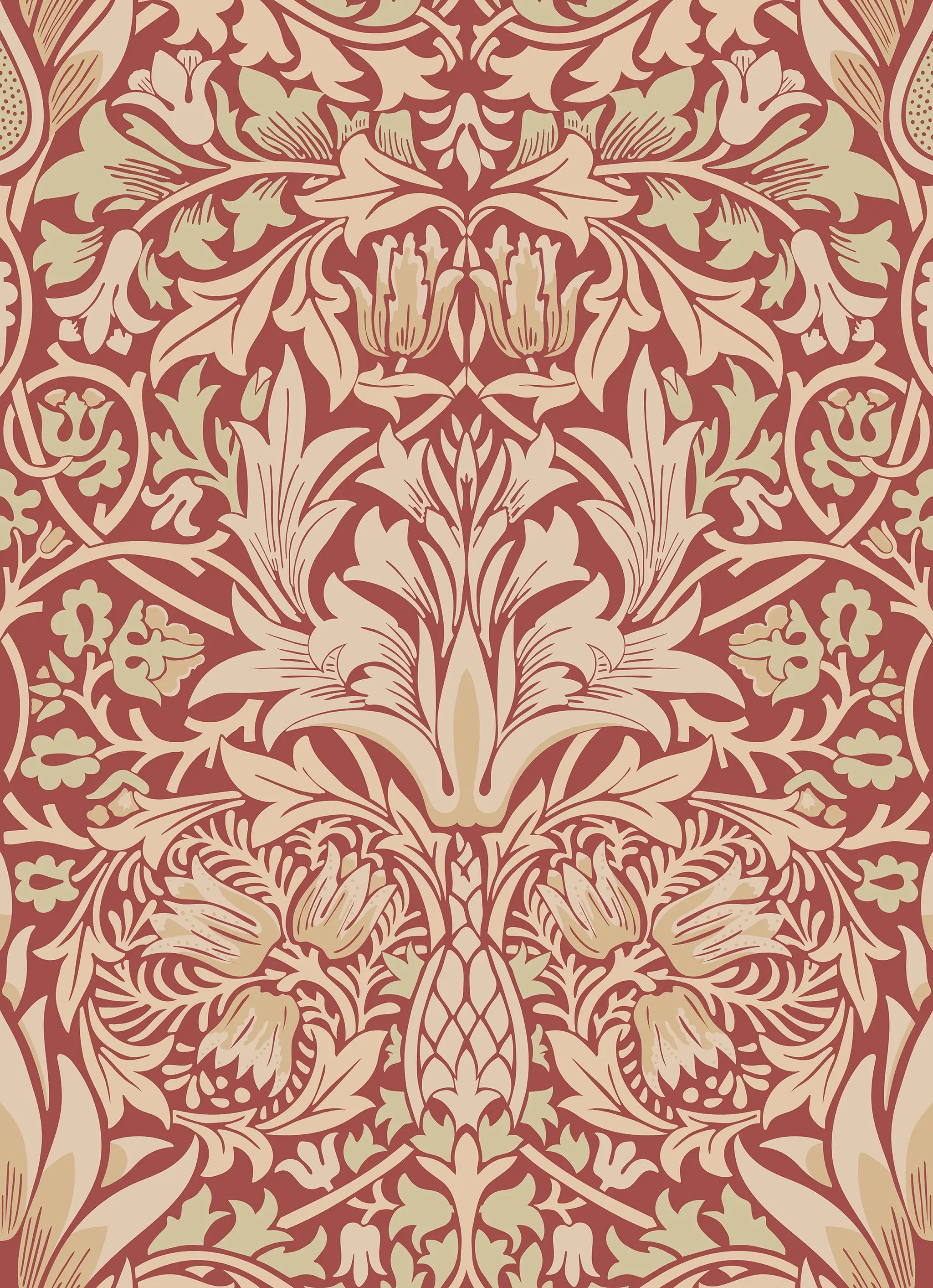 Decorative floral pattern with beige flowers on a red background