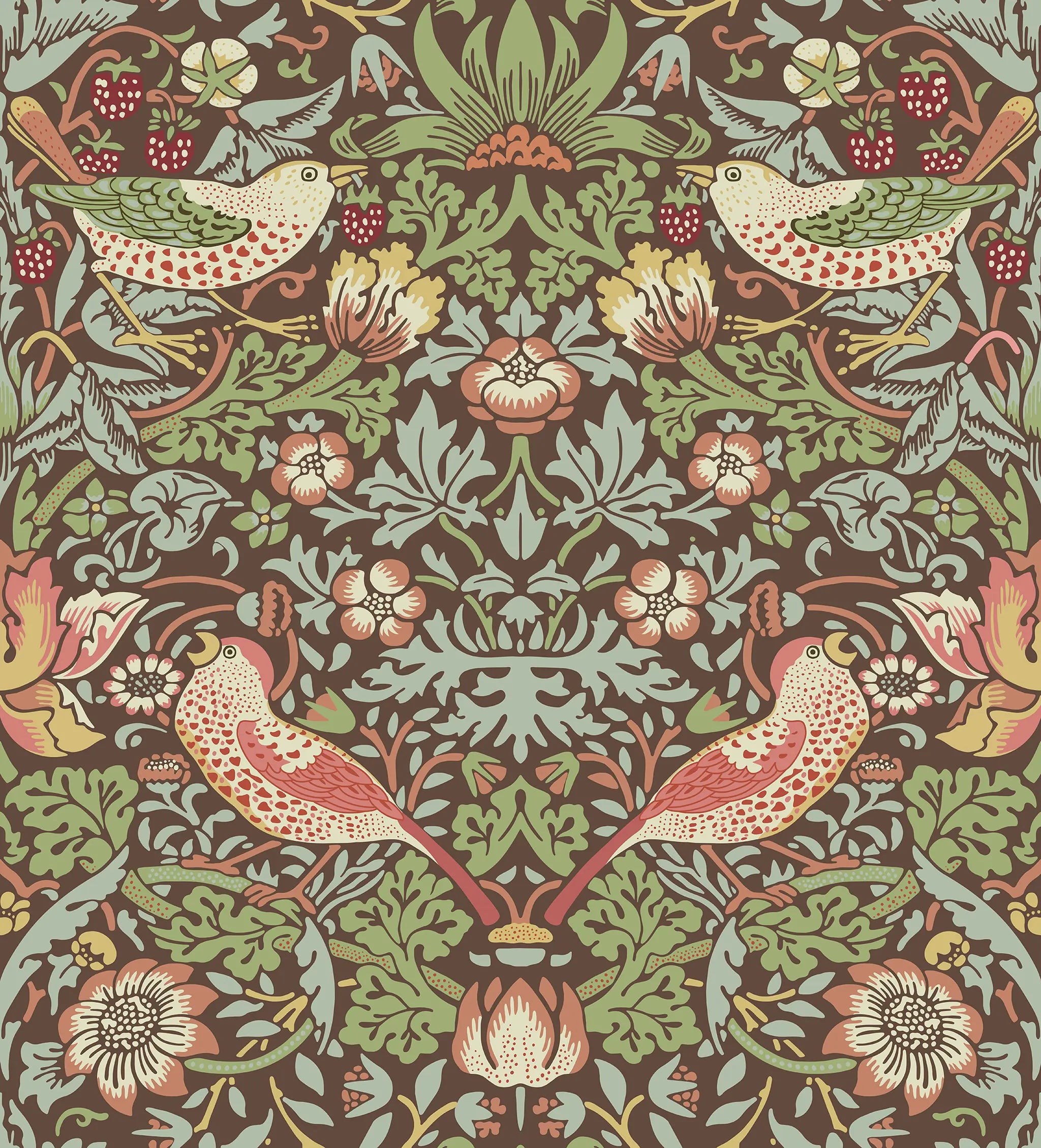 Decorative pattern with birds and flowers on a brown background