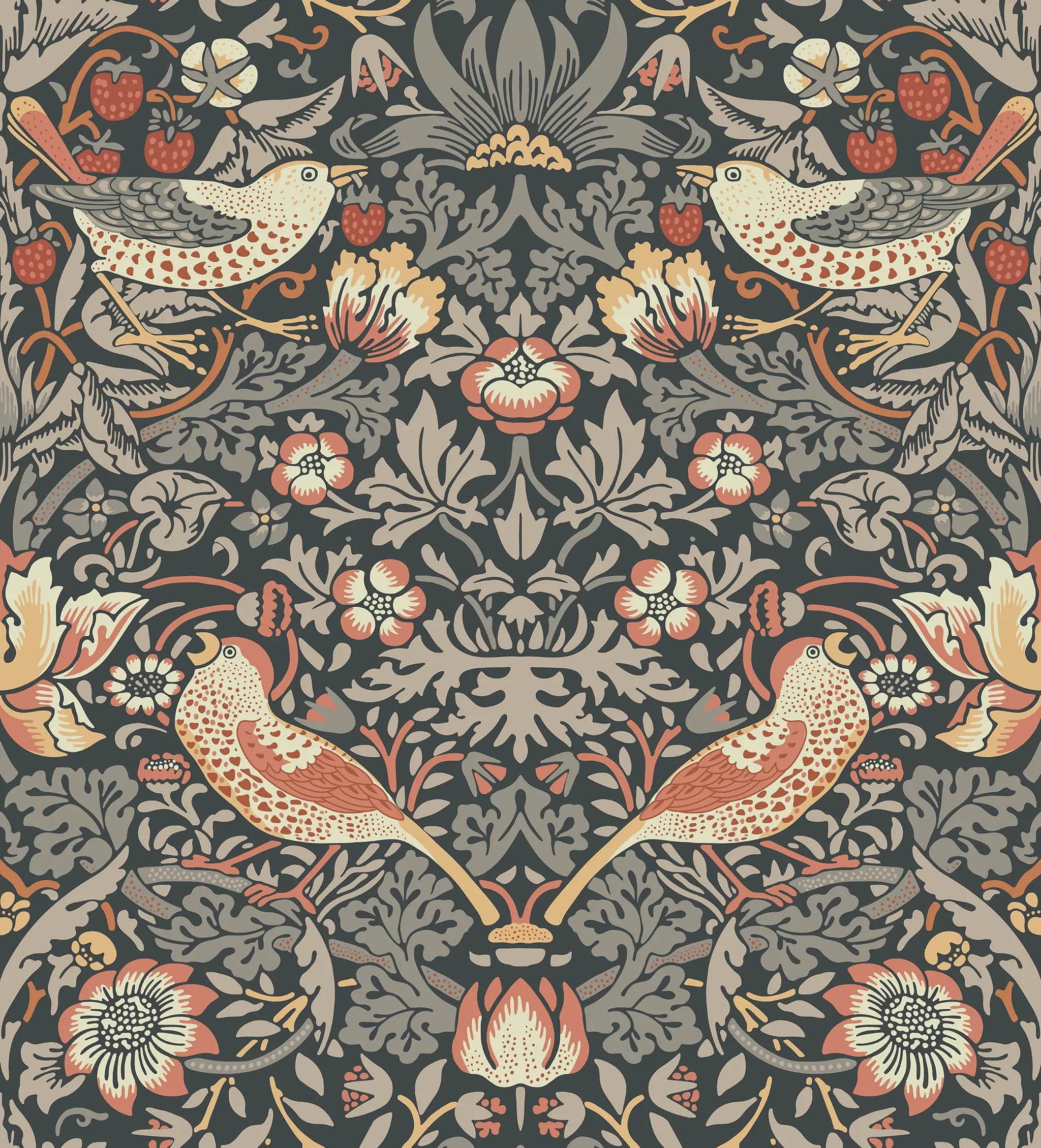Decorative pattern with birds and flowers on a dark background