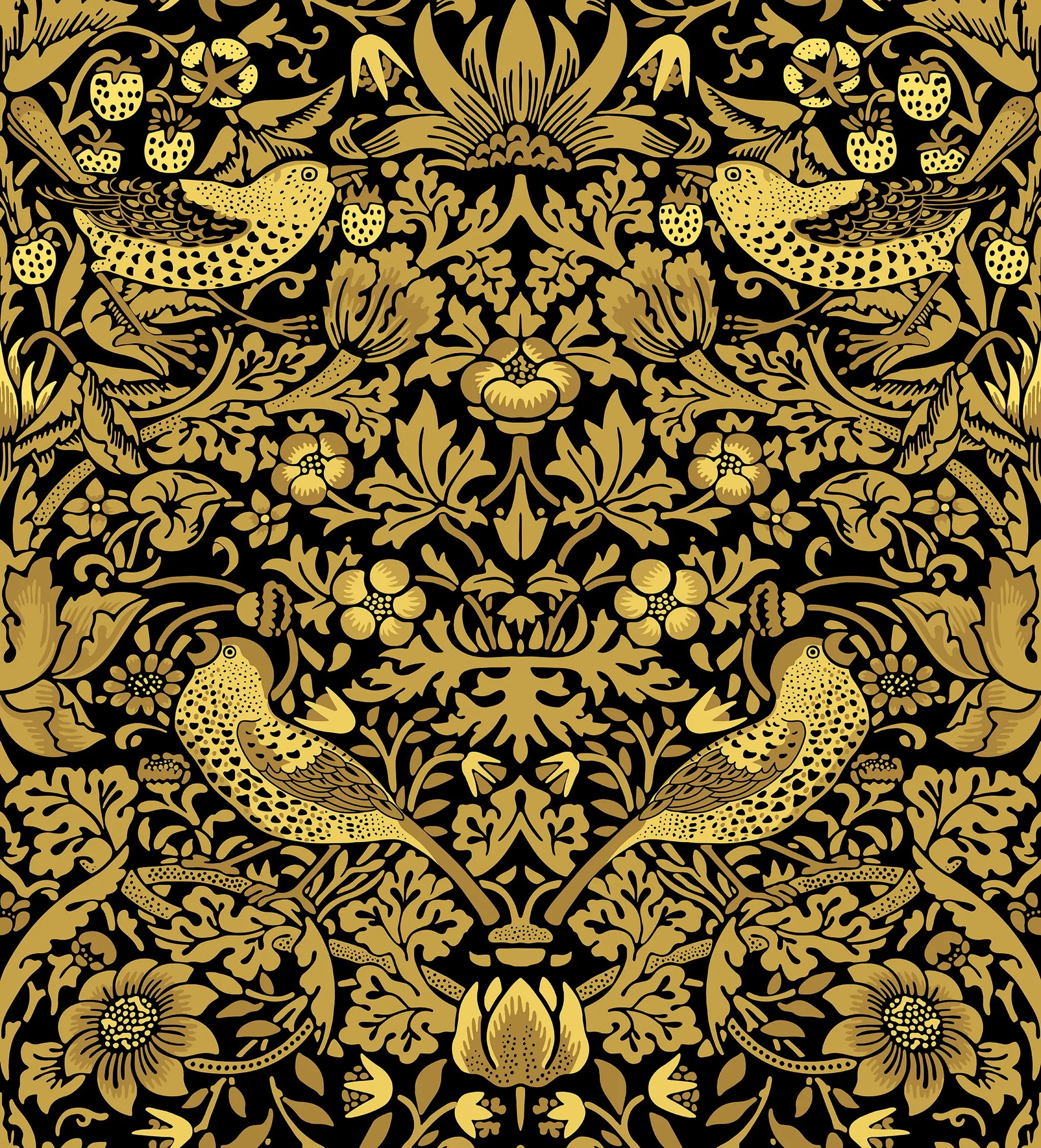 Decorative pattern with gold birds and flowers on a black background