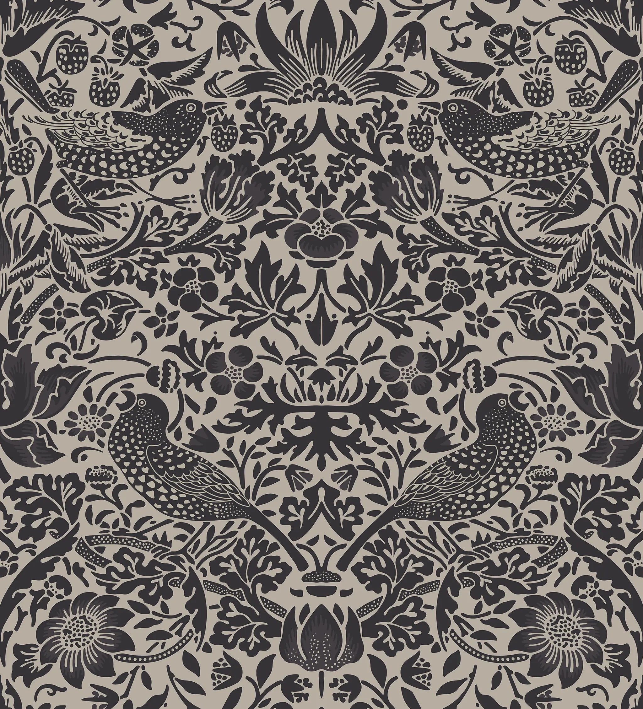 Patterned fabric with birds and floral designs in black on a beige background