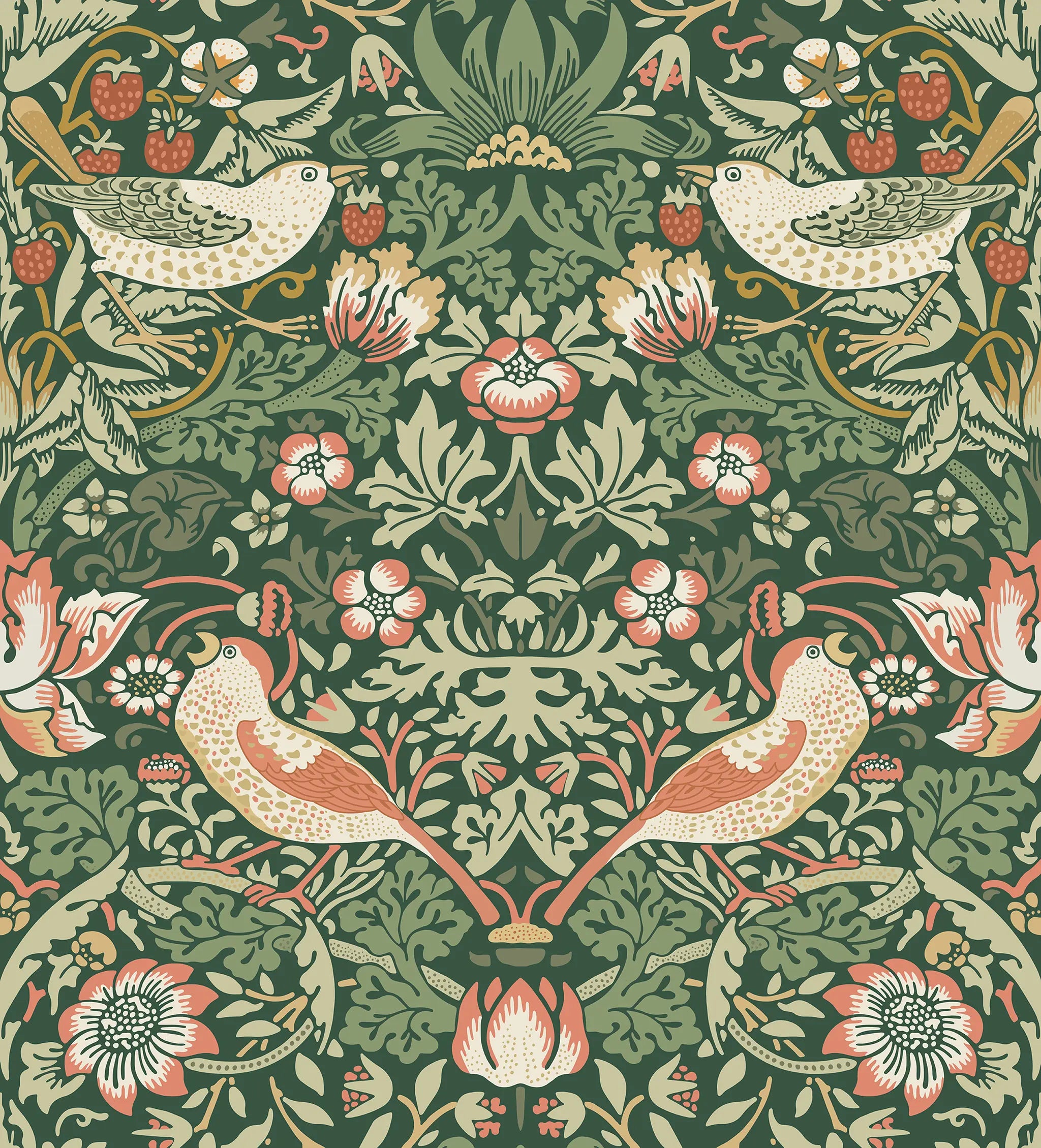 Decorative pattern with birds and flowers on a green background