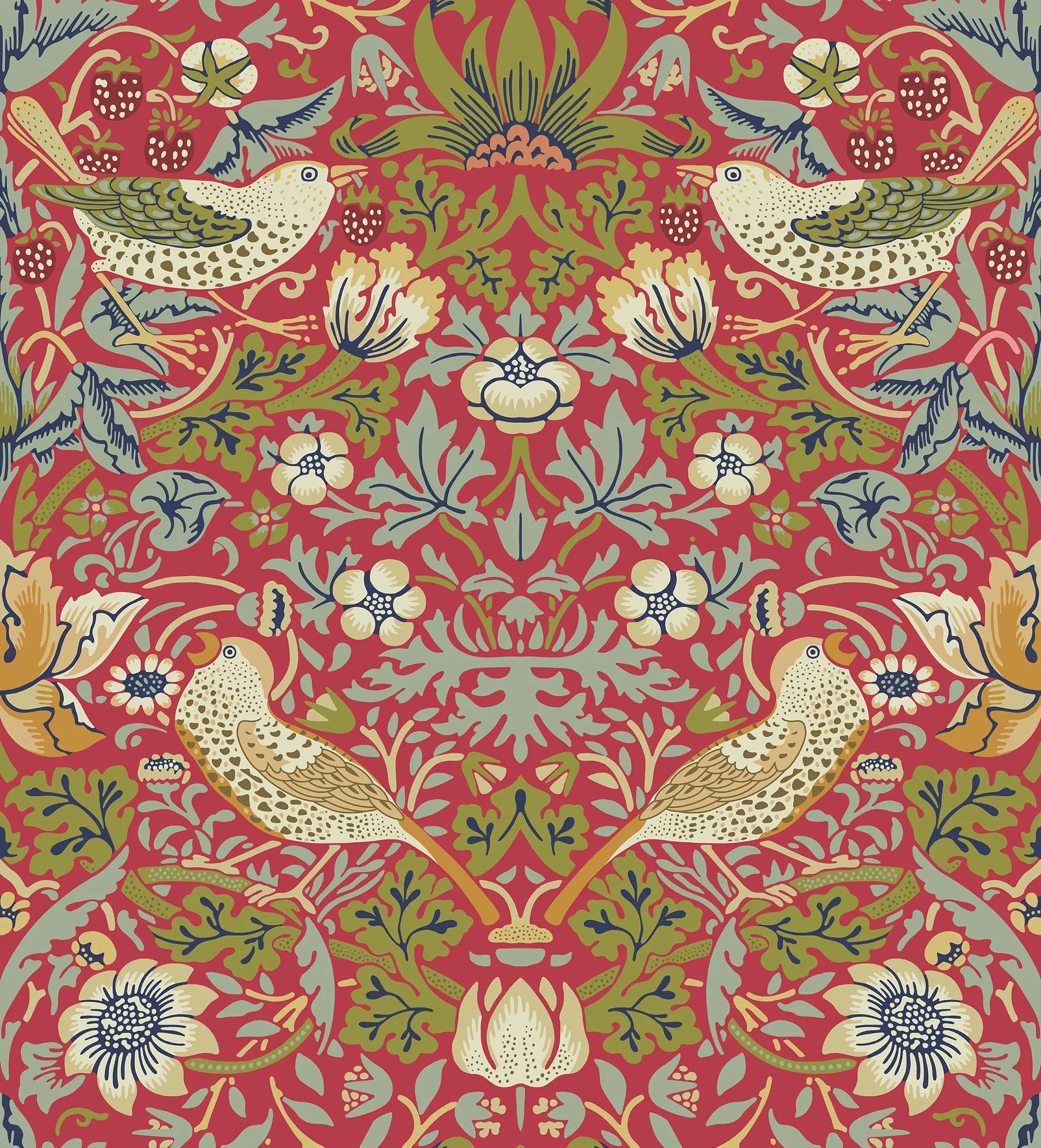 Decorative fabric pattern with birds and flowers on a red background