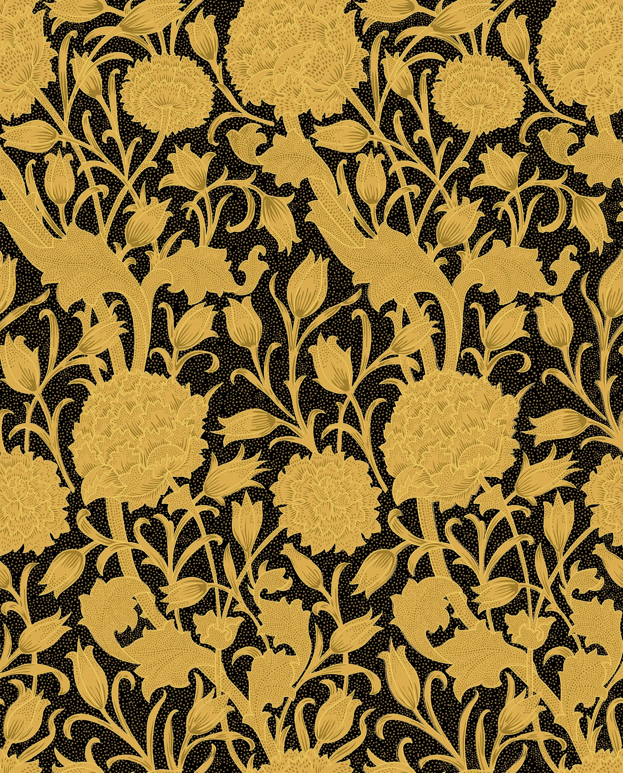 Gold floral pattern on a black background