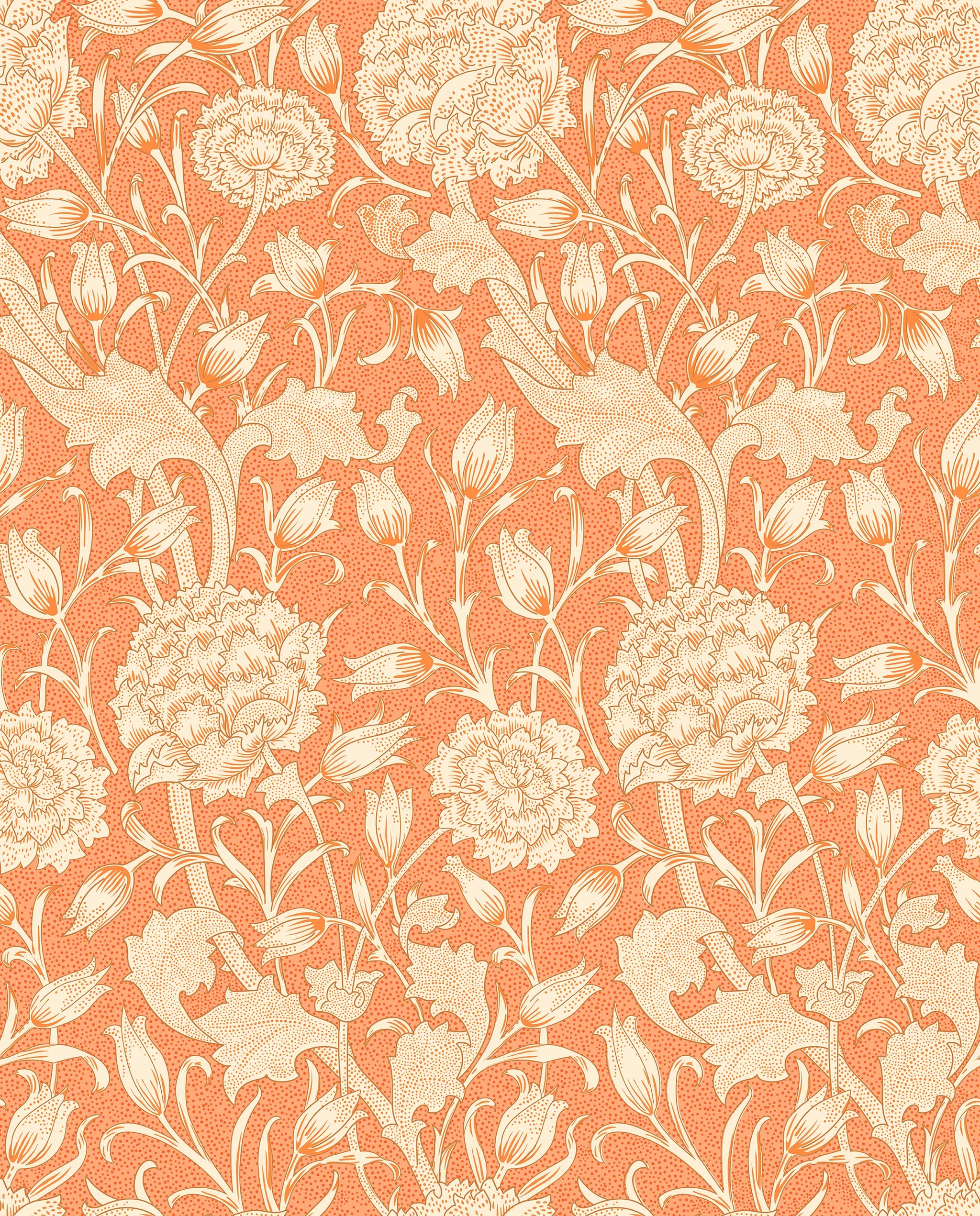 Floral pattern with birds on a coral background