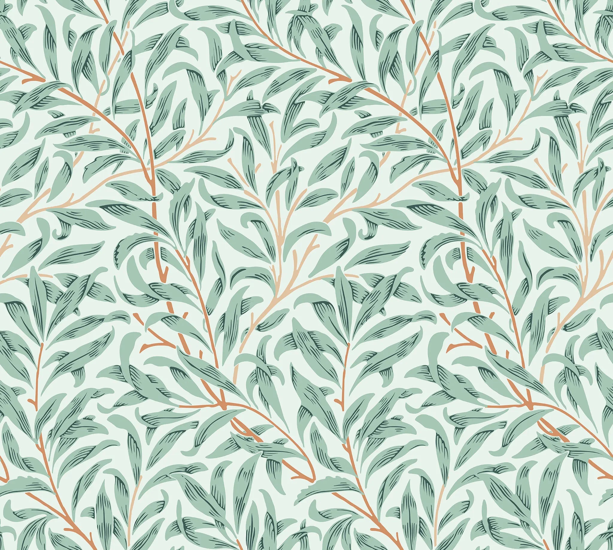 Pattern of green leaves and branches on a light blue background