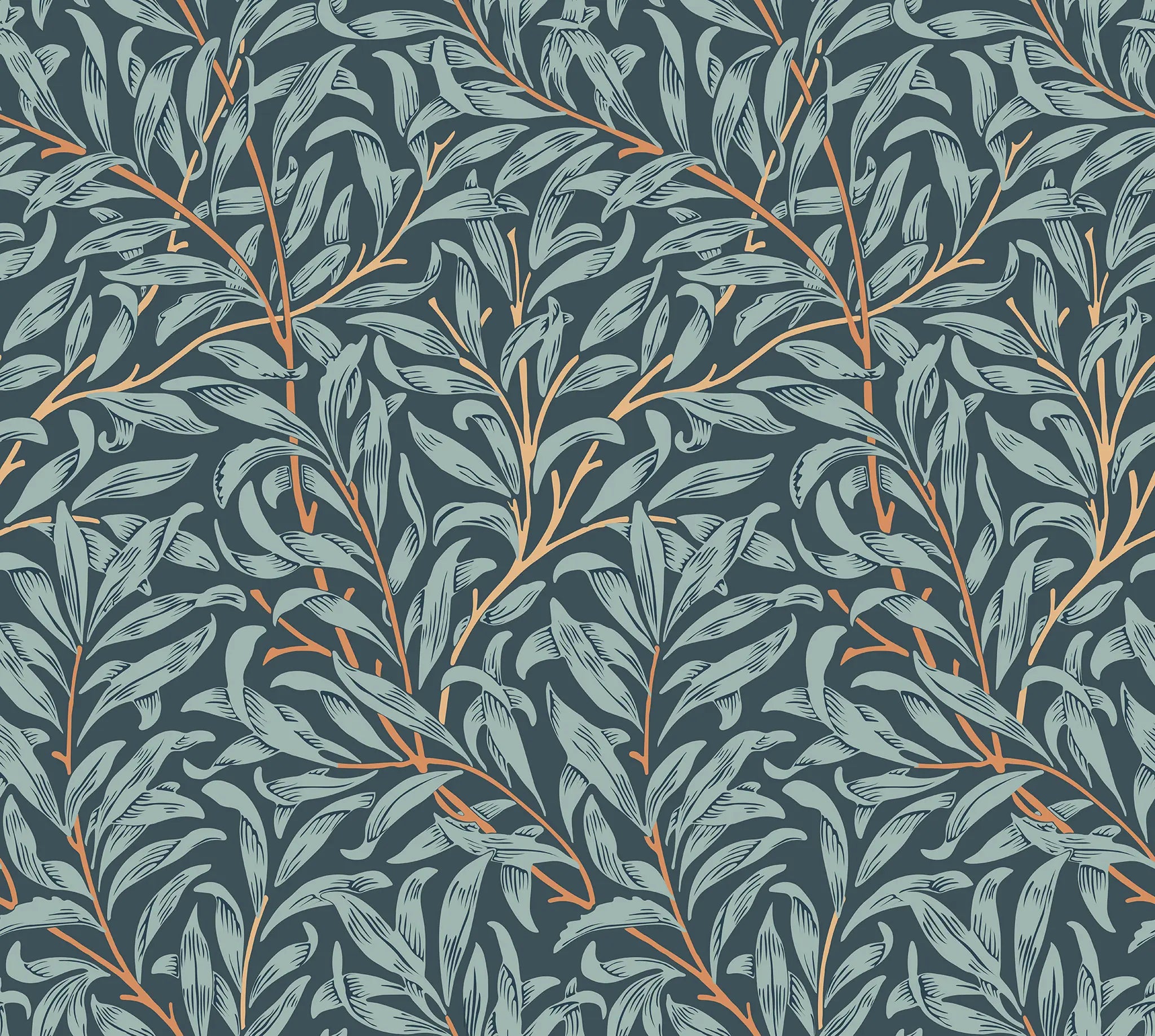 Pattern of green leaves and branches on a dark blue background
