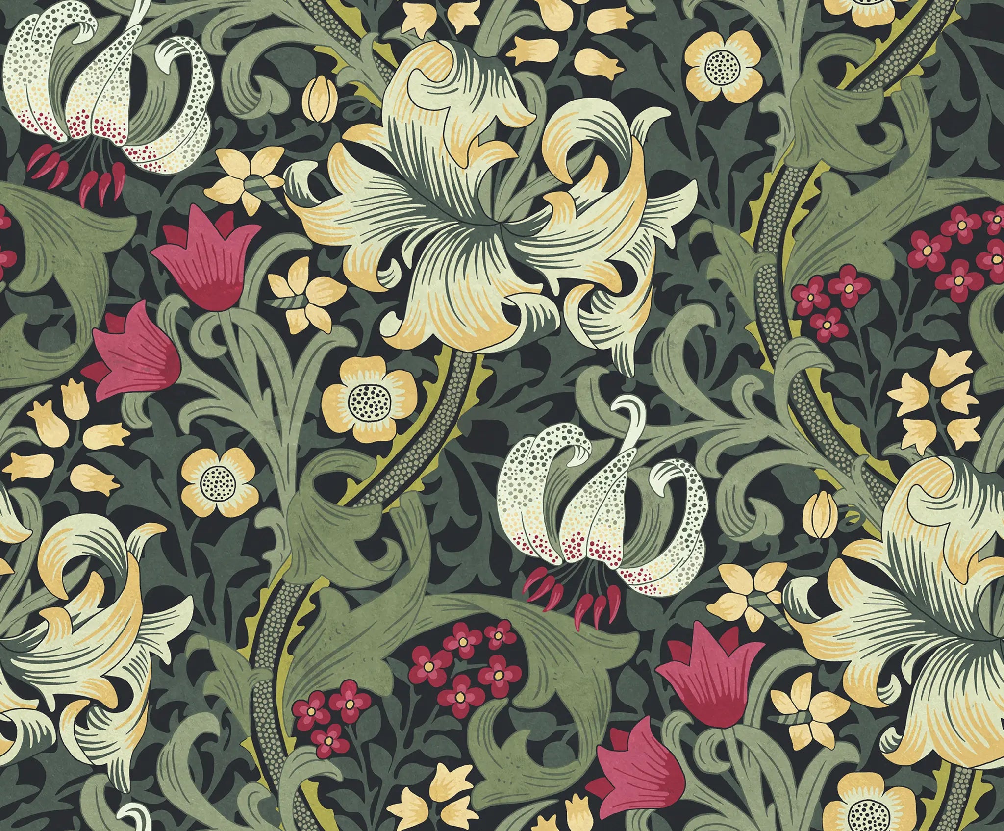 Floral pattern with green, yellow, and red flowers on a dark background