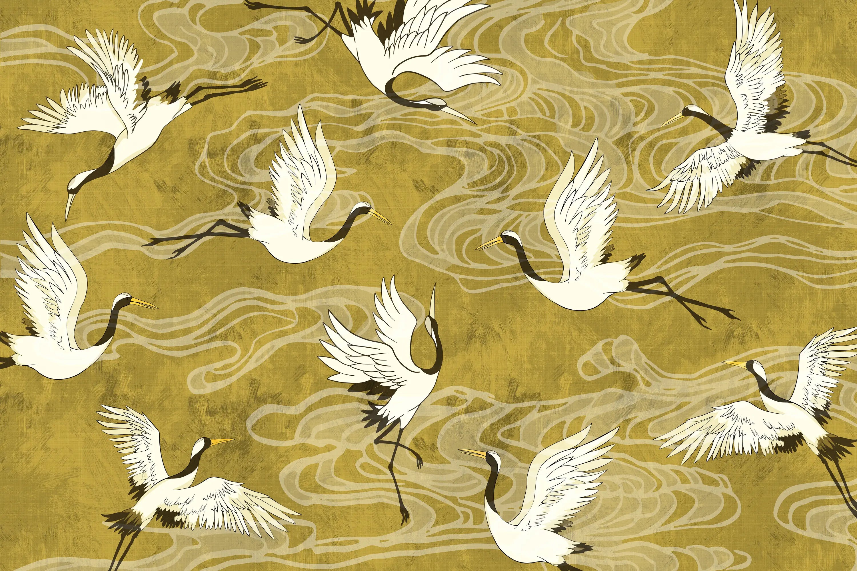 Pattern of white cranes on a gold background