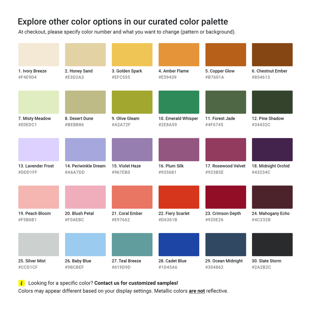 a color palette with various shades of blue, green, orange, and brown. The colors are arranged in a grid format, and there are descriptions for each color. The image does not contain any text that is longer than 500 characters, and it does not describe each color individually. The colors may appear different based on the display settings. Metallic colors are not reflective.