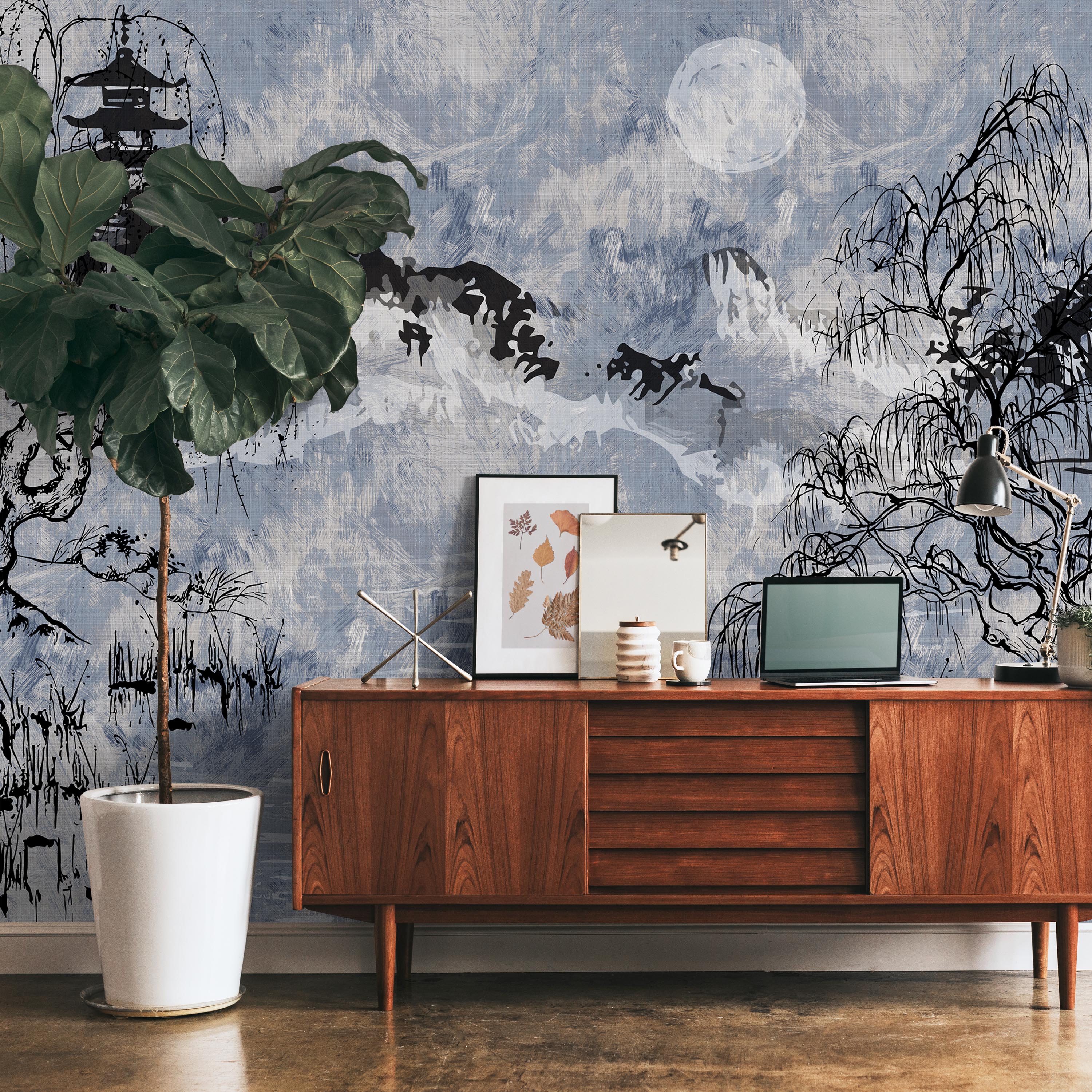 Whispers of the Willow Mural Peel and Stick Wallpaper, Removable Wallpaper, Traditional Wallpaper - Blue | DeccoPrint