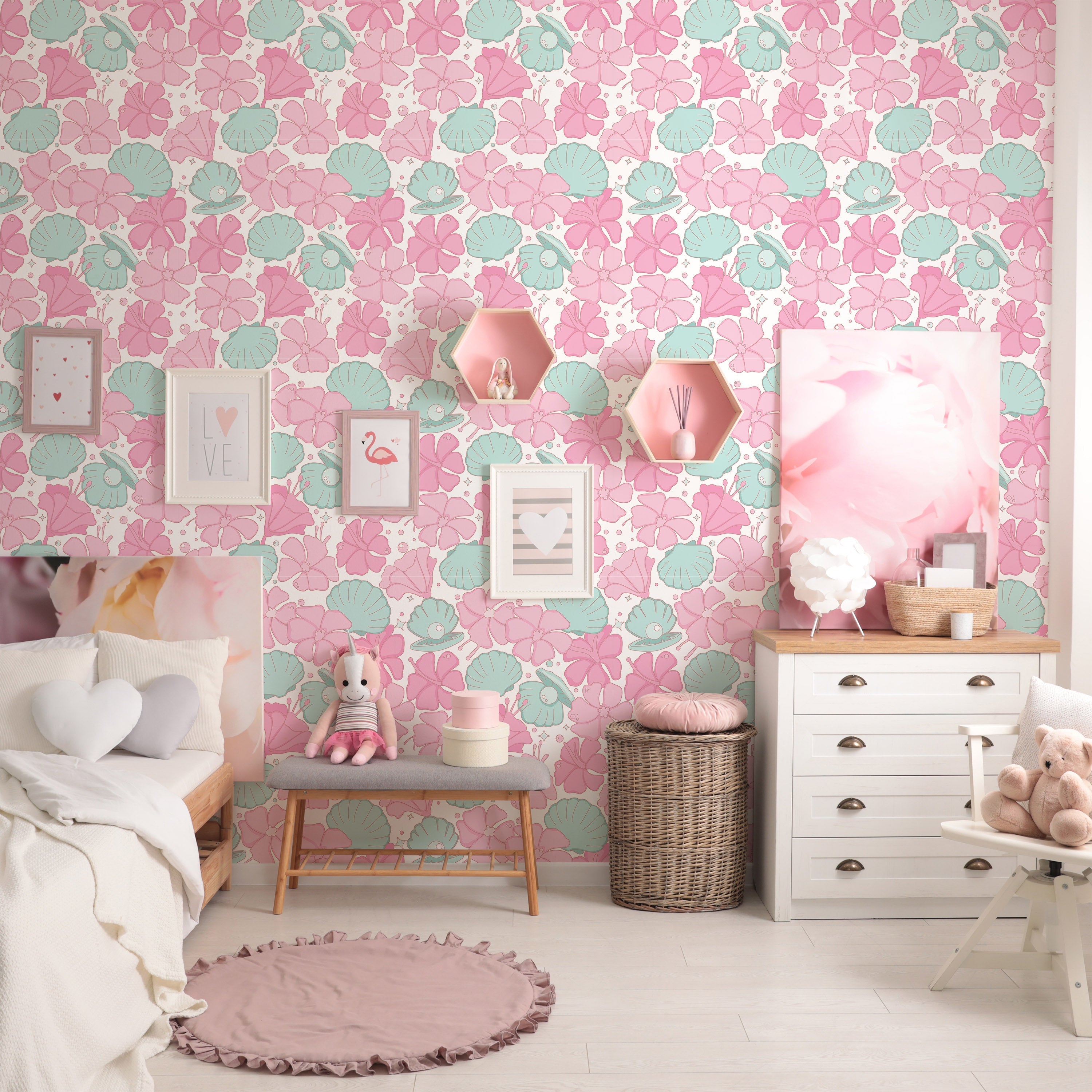 Hibiscus and Pearls Peel and Stick Wallpaper, Removable Wallpaper, Traditional Wallpaper | DeccoPrint