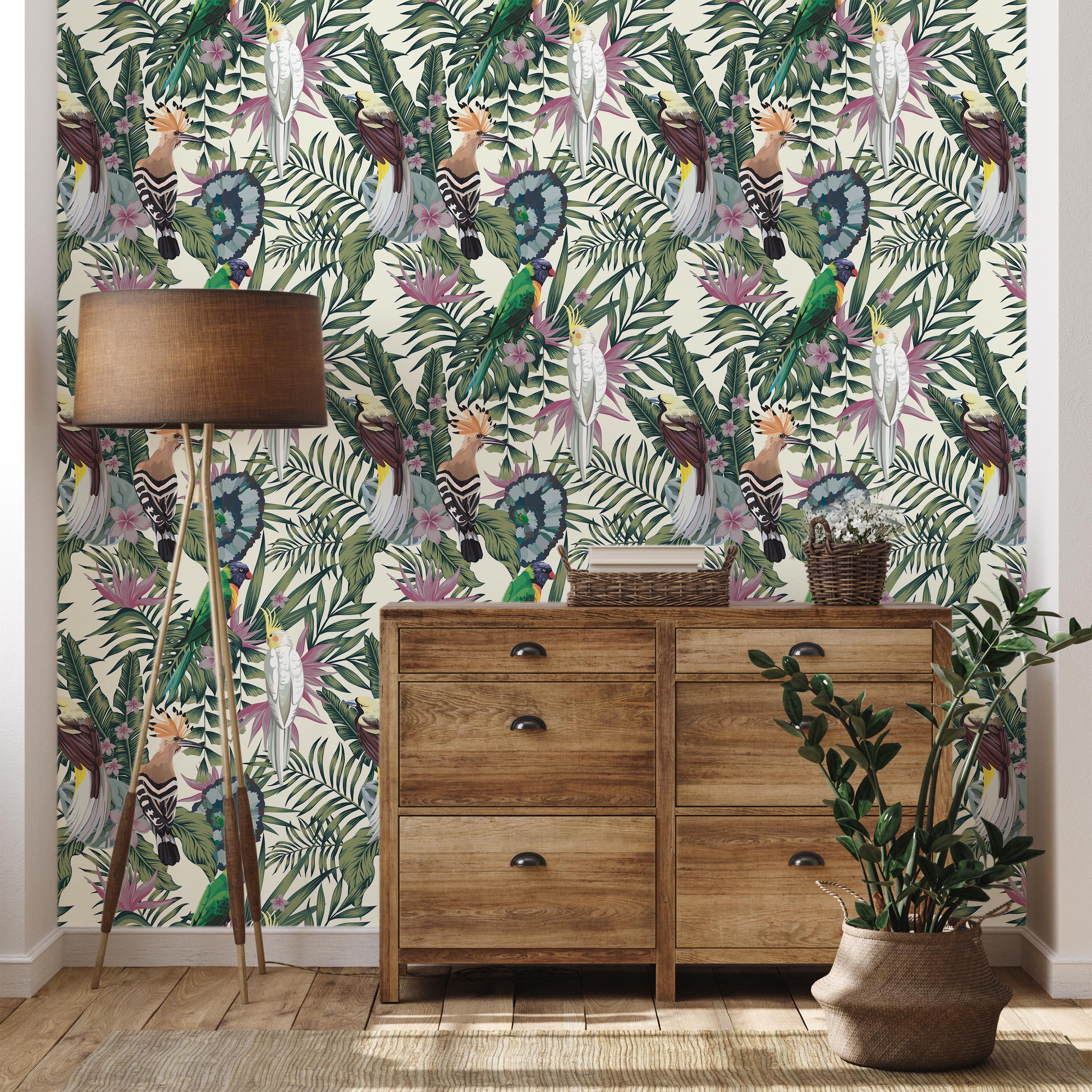 Tropical Birds Peel and Stick Wallpaper, Removable Wallpaper, Traditional Wallpaper | DeccoPrint