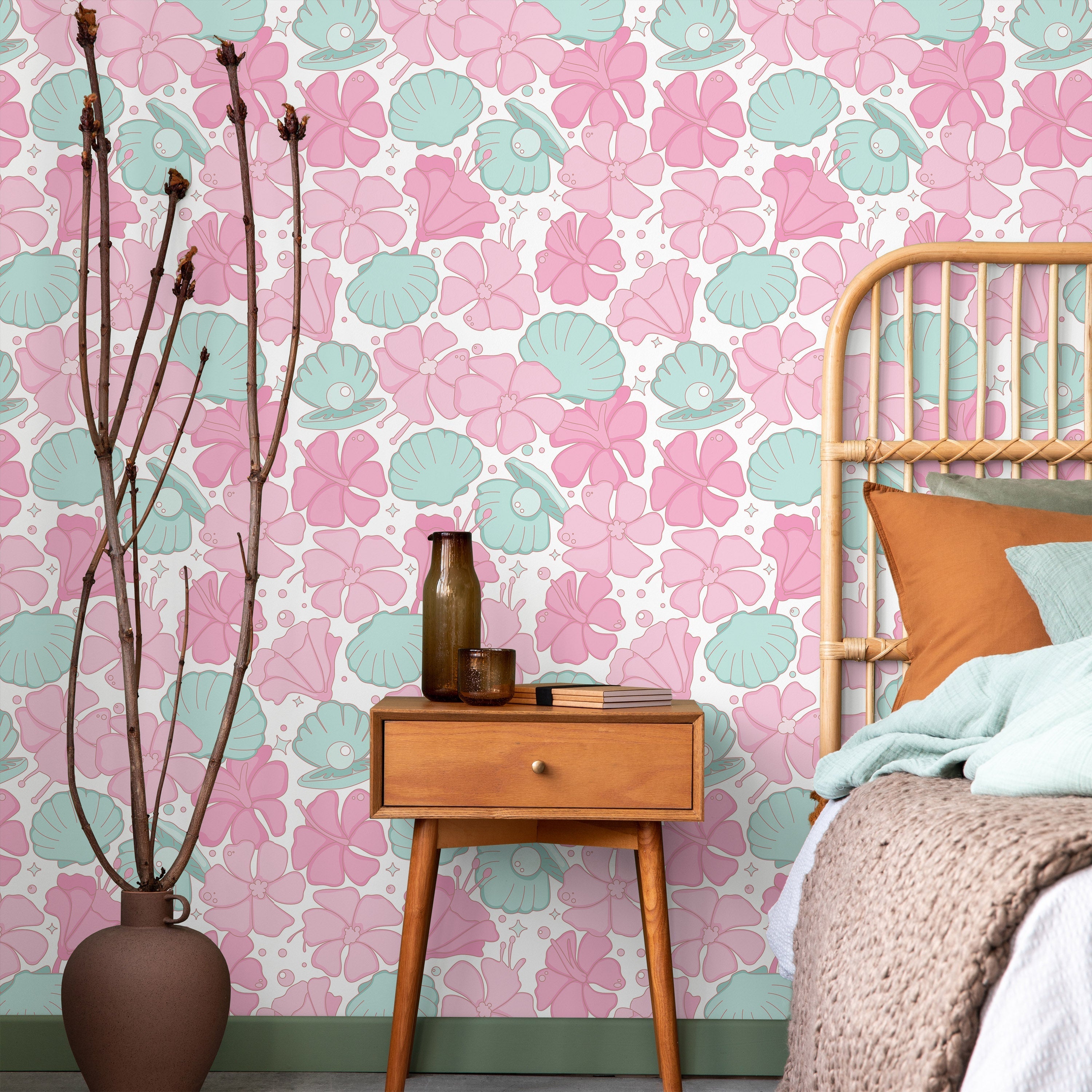 Hibiscus and Pearls Peel and Stick Wallpaper, Removable Wallpaper, Traditional Wallpaper | DeccoPrint