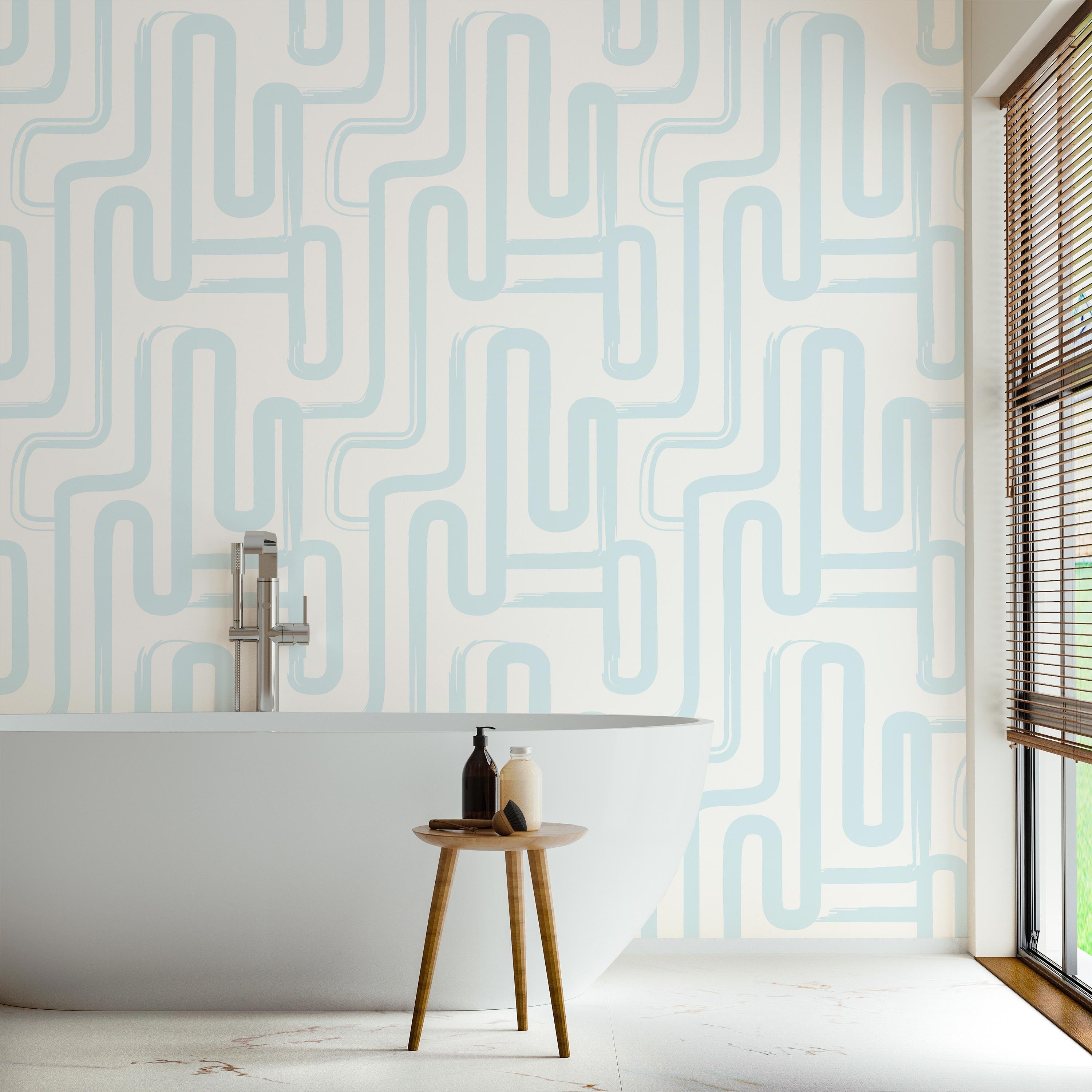 Curved Lines Peel and Stick Wallpaper, Removable Wallpaper, Traditional Wallpaper - Pastel Blue | DeccoPrint