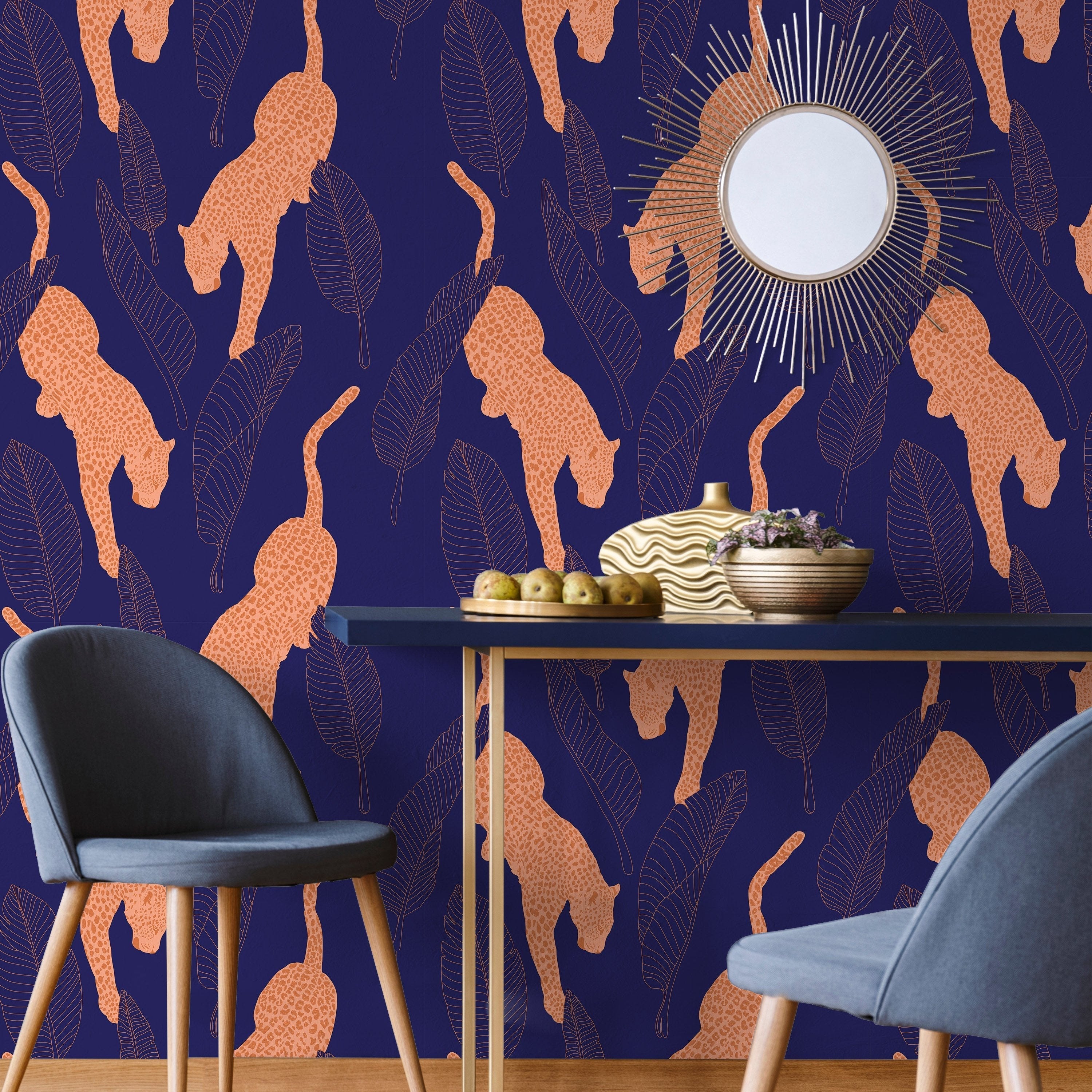 Leopards Peel and Stick Wallpaper, Removable Wallpaper, Traditional Wallpaper - Blue | DeccoPrint