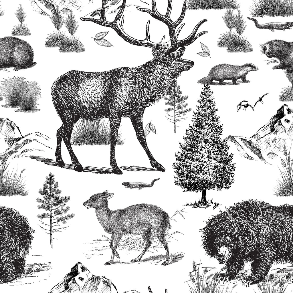 Illustration of various animals in a natural setting with trees and plants.