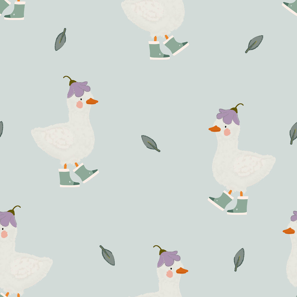 Pattern of cartoon ducks with green boots and purple flower hats on a light blue background