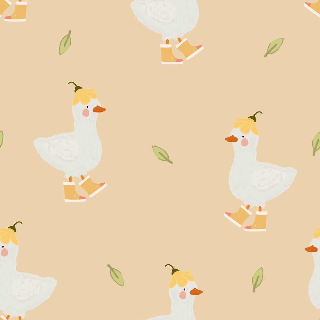 Pattern of cartoon geese with hats and boots on a beige background