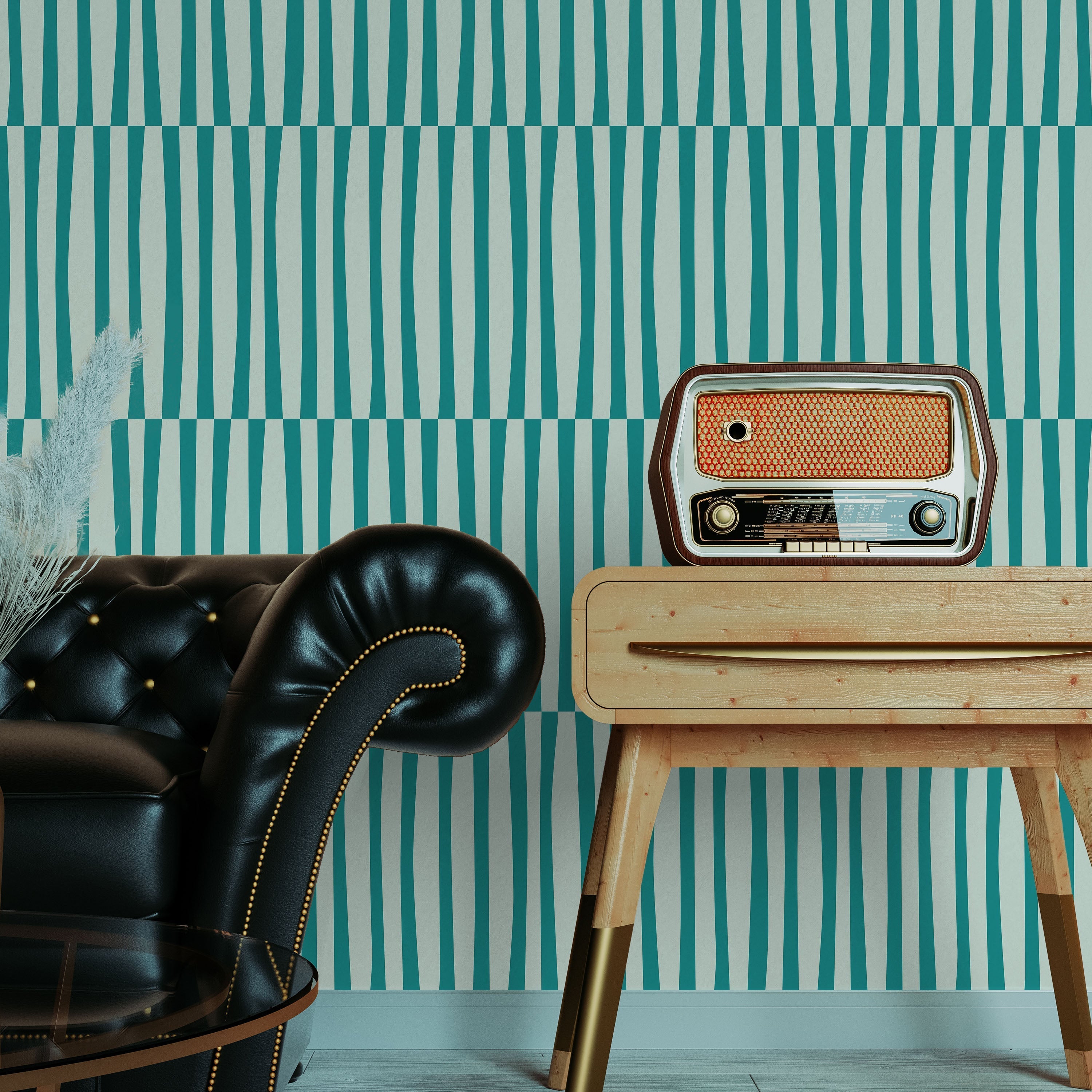 Retro Lines Peel and Stick Wallpaper, Removable Wallpaper, Traditional Wallpaper - Teal | DeccoPrint