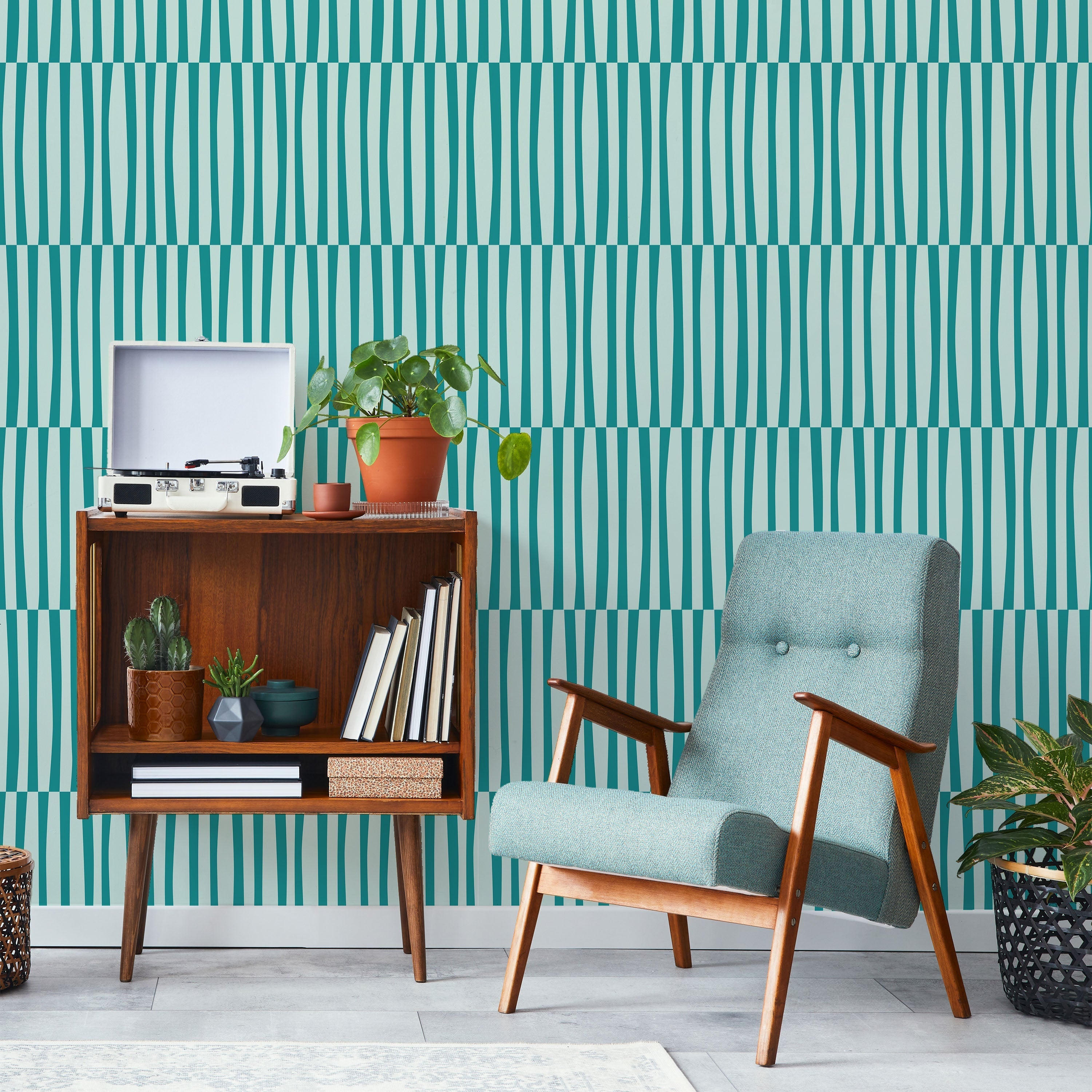 Retro Lines Peel and Stick Wallpaper, Removable Wallpaper, Traditional Wallpaper - Teal | DeccoPrint