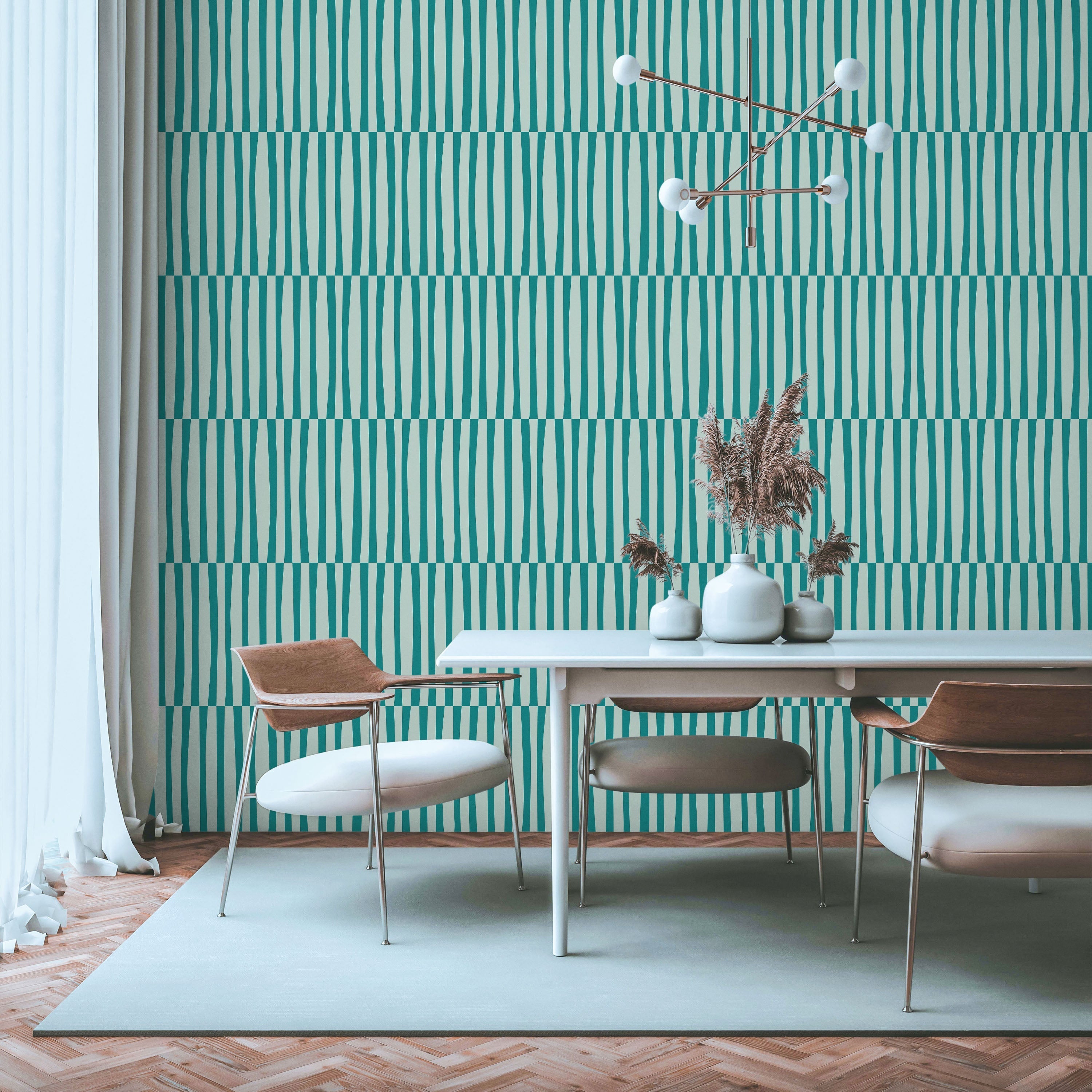 Retro Lines Peel and Stick Wallpaper, Removable Wallpaper, Traditional Wallpaper - Teal | DeccoPrint