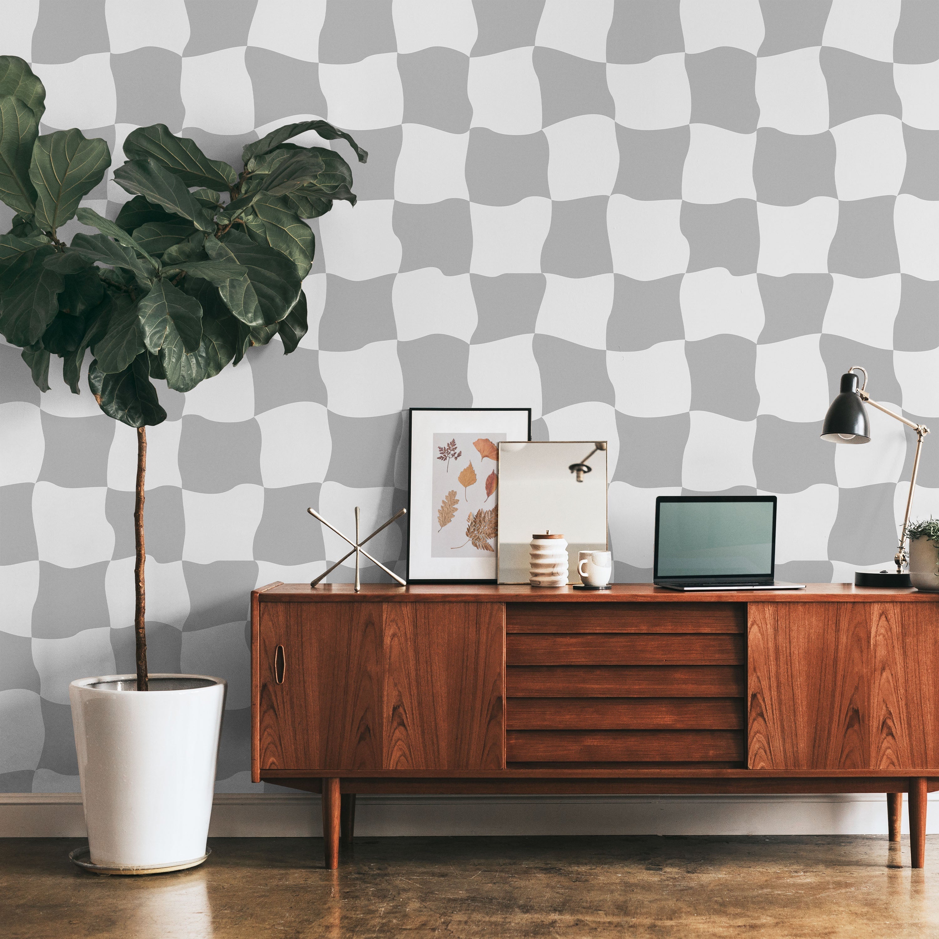 Wavy Squares Peel and Stick Wallpaper, Removable Wallpaper, Traditional Wallpaper - Gray | DeccoPrint