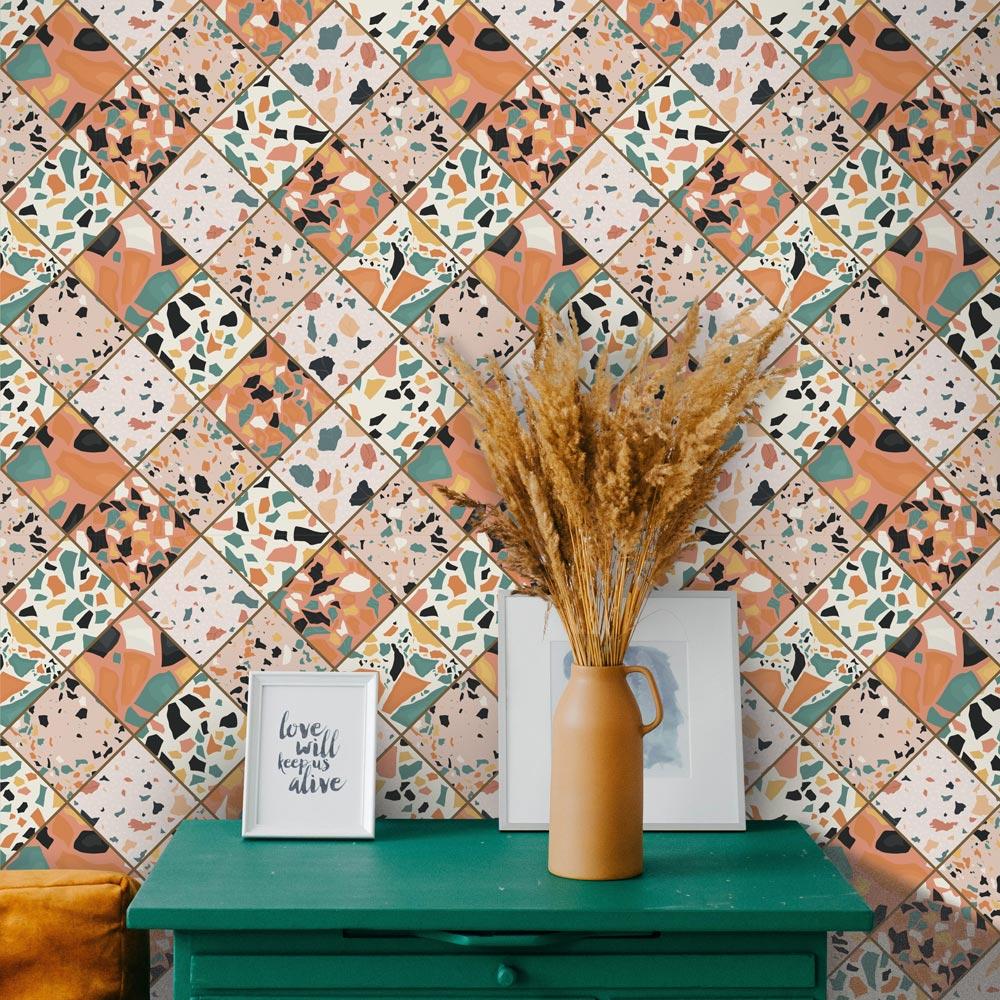 Eco-friendly interior for Terrazzo style self-adhesive wall art – Vibrant Tile | DeccoPrint